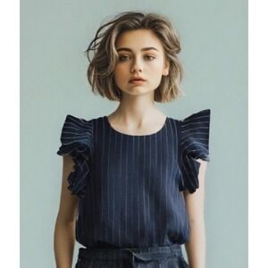 NWT JOA Blouse Pinstripe Ruffle Flare Sleeve Sleeveless Button Blue Size Medium